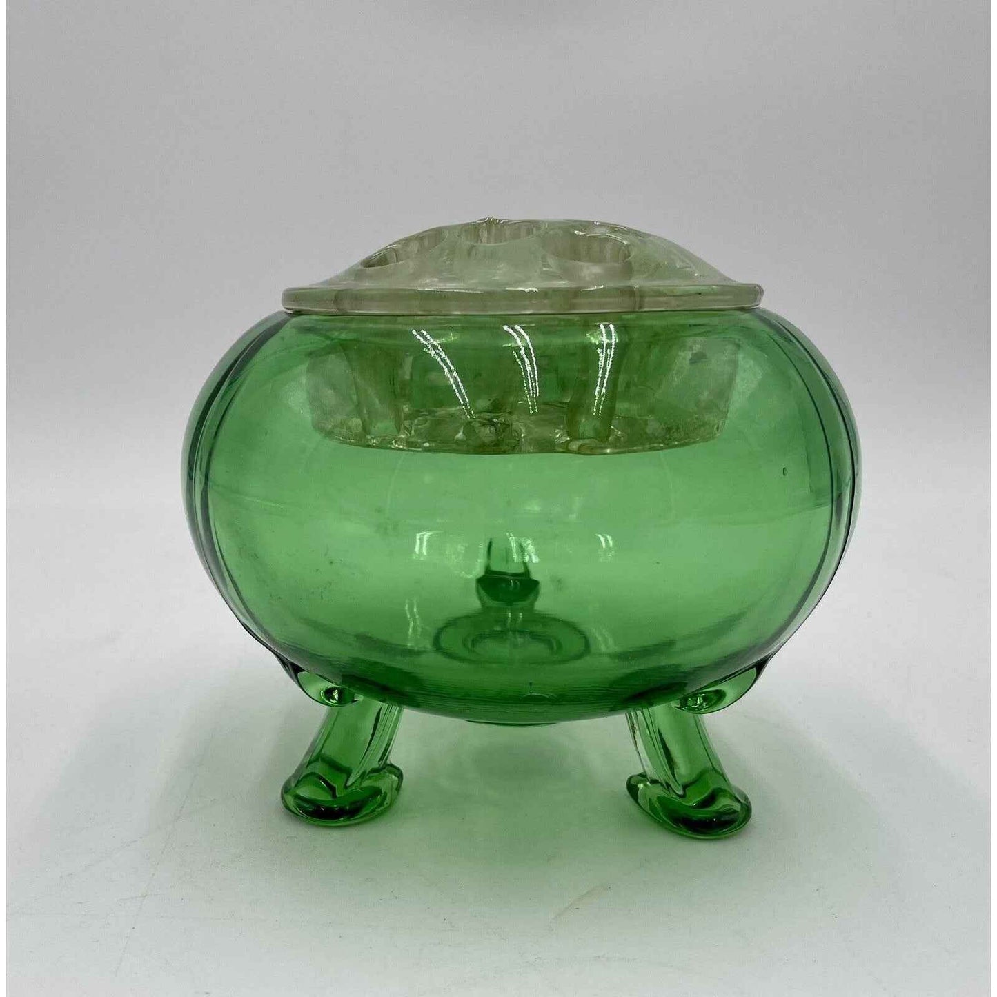 VIKING GLASS VASE FLOWERLITE FLOWER FROG NILE GREEN 1960's (D1)