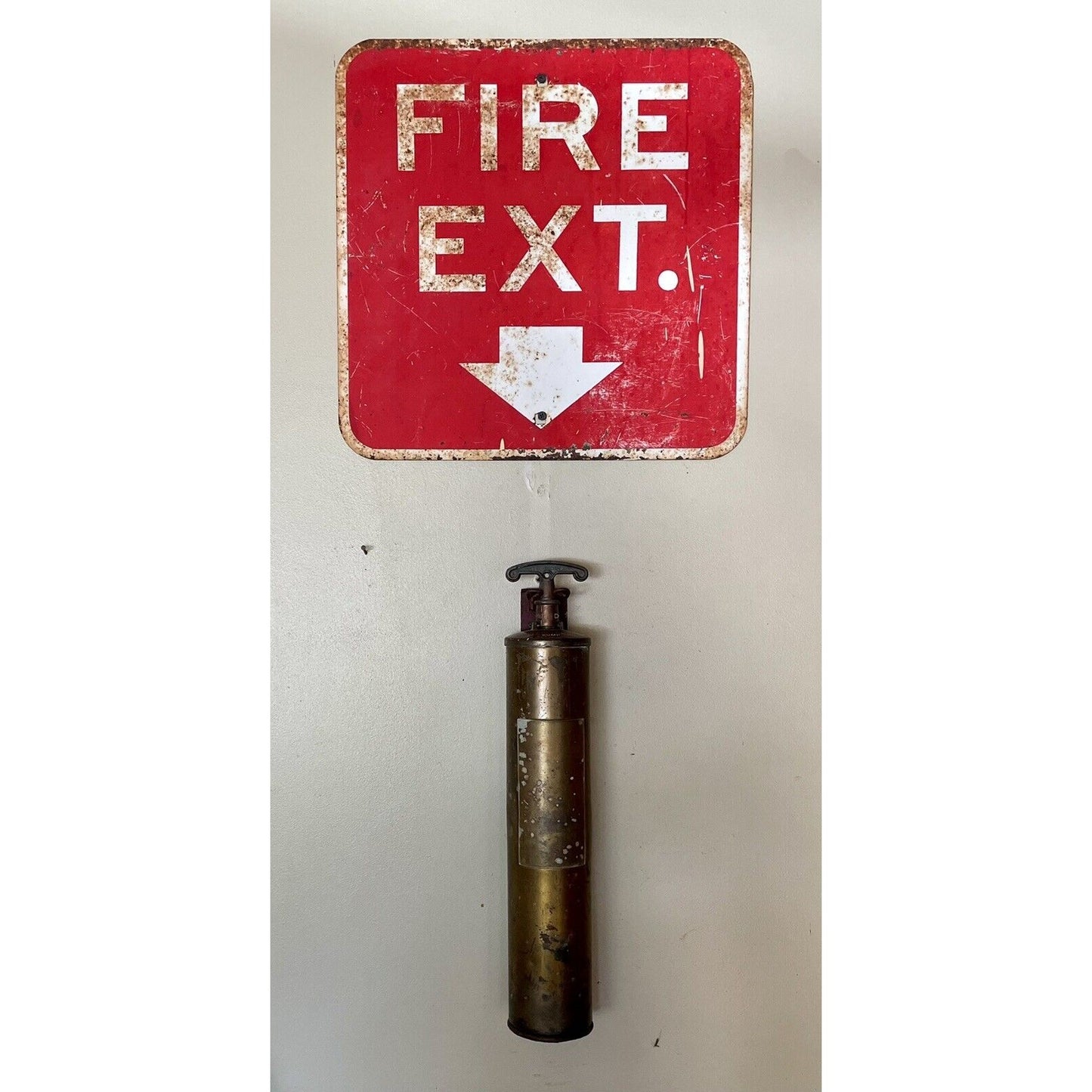 Vintage Extinguisher Sign & Brass Fire Extinguisher w/ Hanging Bracket - Vintosh Vintage
