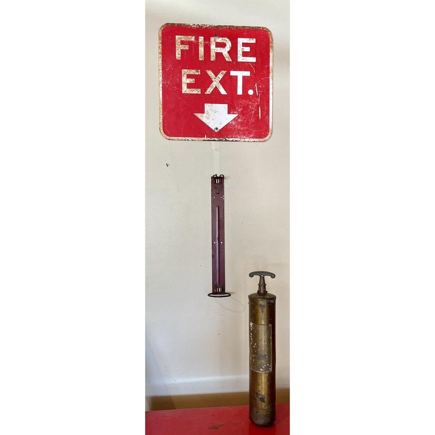 Vintage Extinguisher Sign & Brass Fire Extinguisher w/ Hanging Bracket - Vintosh Vintage