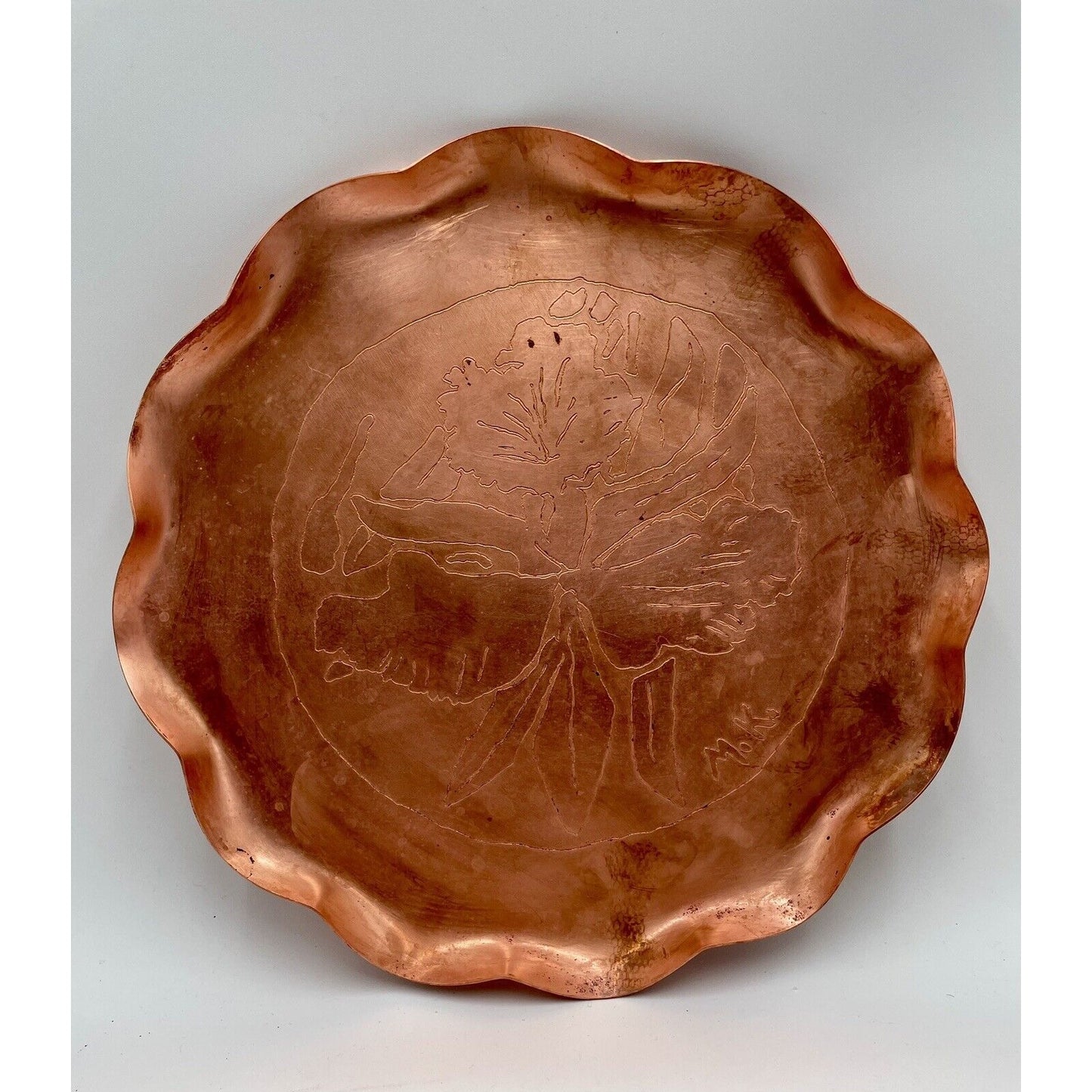 Mid Century Copper Fluted Tray with Etched Orchid Flower (D8) - Vintosh Vintage