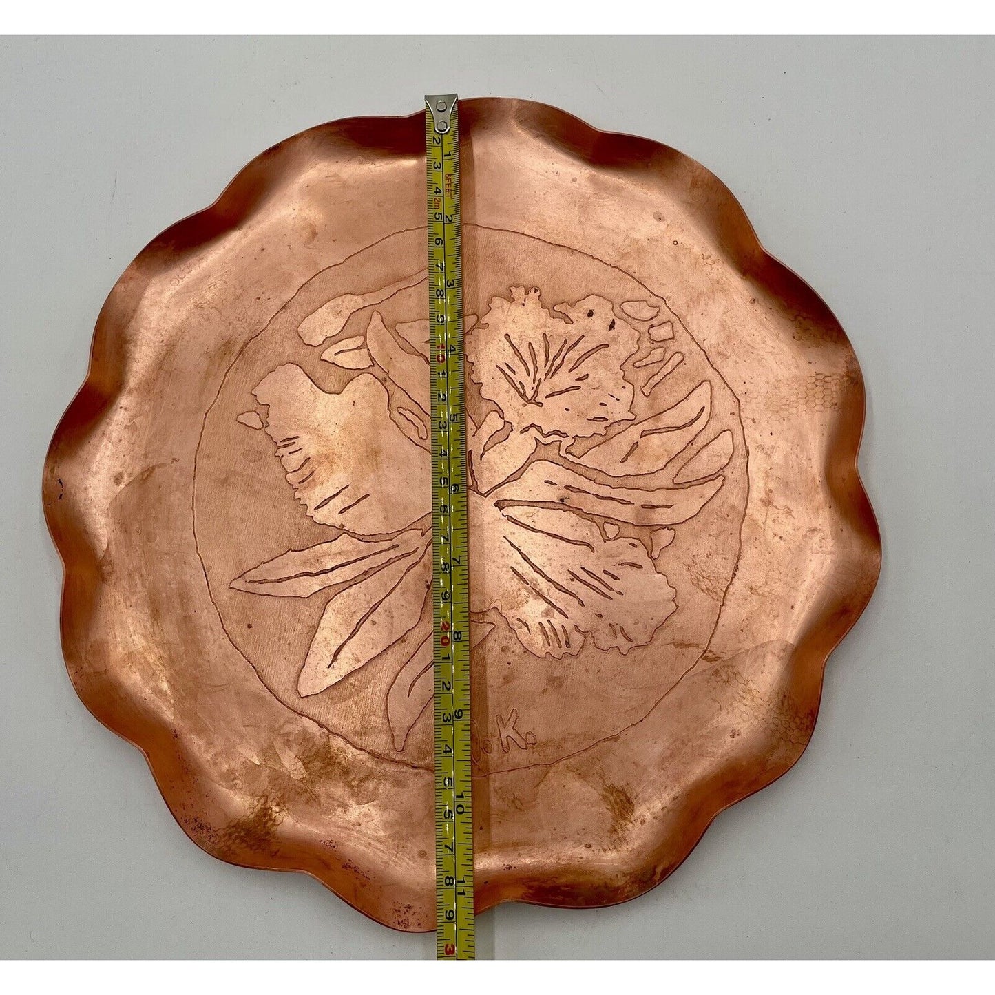 Mid Century Copper Fluted Tray with Etched Orchid Flower (D8) - Vintosh Vintage