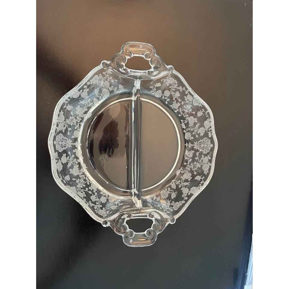 1930s Cambridge ROSE POINT 2-Part Handled Relish Dish (C3)