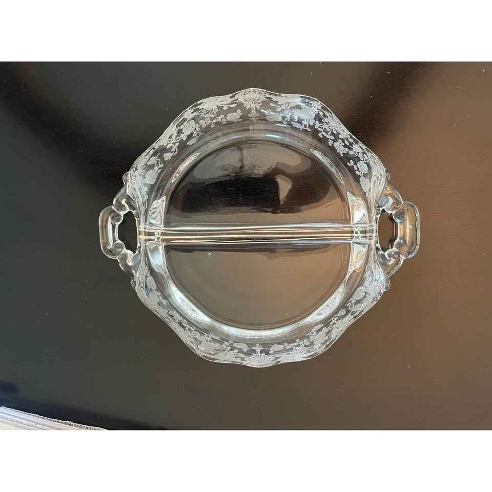 1930s Cambridge ROSE POINT 2-Part Handled Relish Dish (C3)