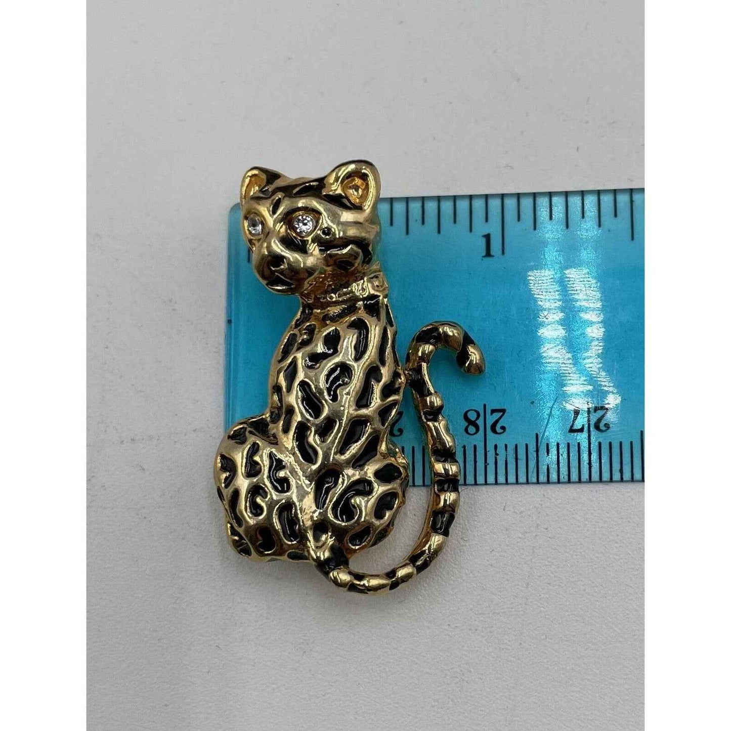 Vintage Cheetah Gold Tone & Rhinestone Brooch Pin (A1)