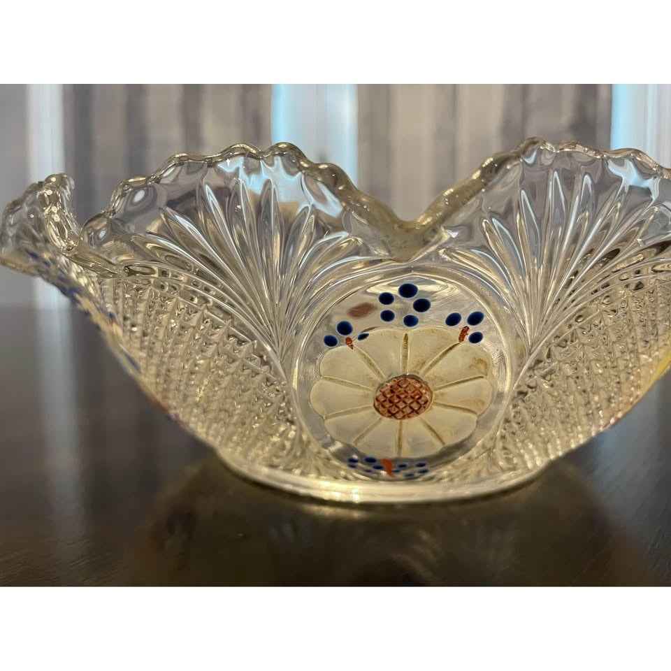 Vintage Cut Glass & Hand Painted Serving Bowl With 6 Matching Side Bowls (C7)