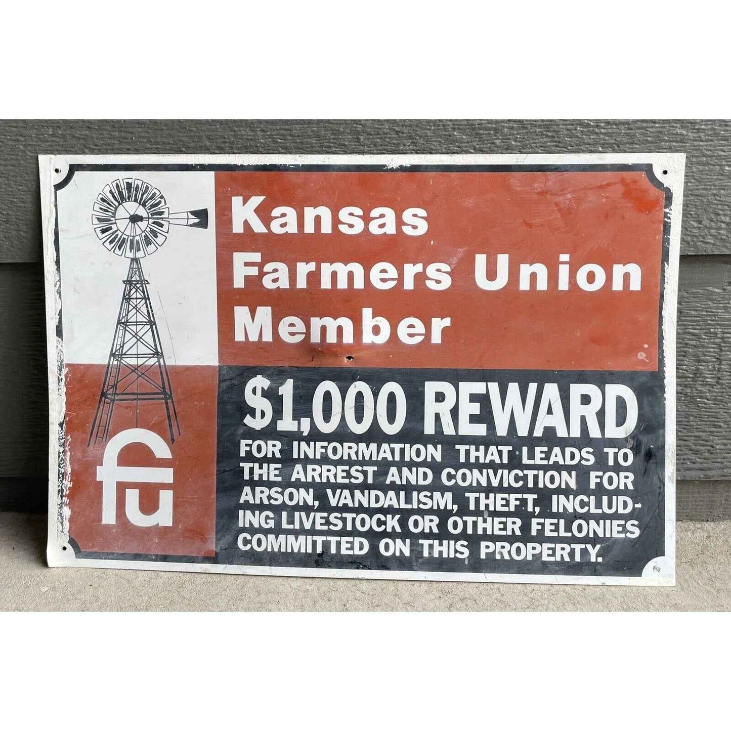 Vintage Original Kansas Farmers Union Member $1000 Reward Sign