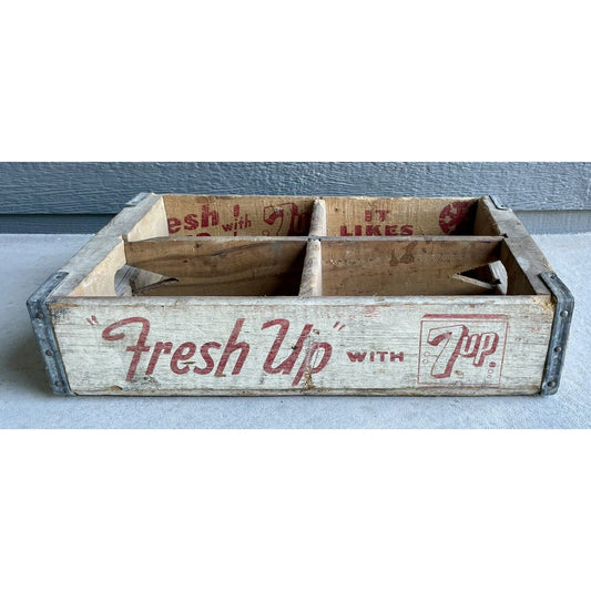 1966 Fresh Up with 7UP White Divided Crate Red Letters Cutout Handles Dallas TX - Vintosh Vintage