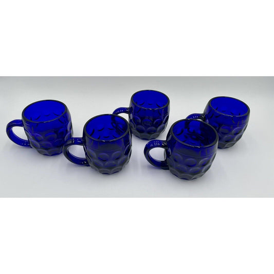 Vintage Lot of 5 New Martinsville #24 Beer Mug - Cobalt Blue Thumbprint Mug (D6) - Vintosh Vintage