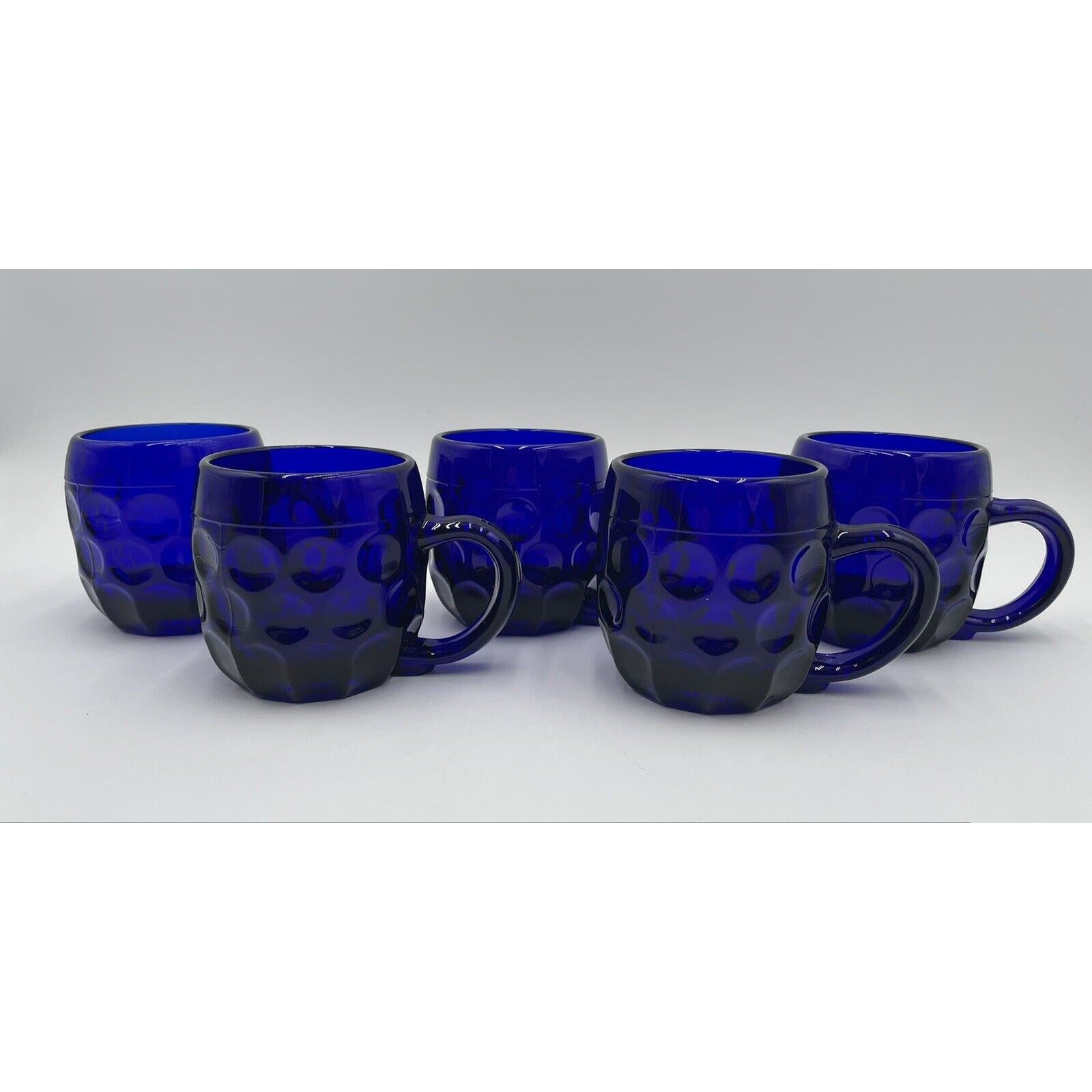 Vintage Lot of 5 New Martinsville #24 Beer Mug - Cobalt Blue Thumbprint Mug (D6) - Vintosh Vintage