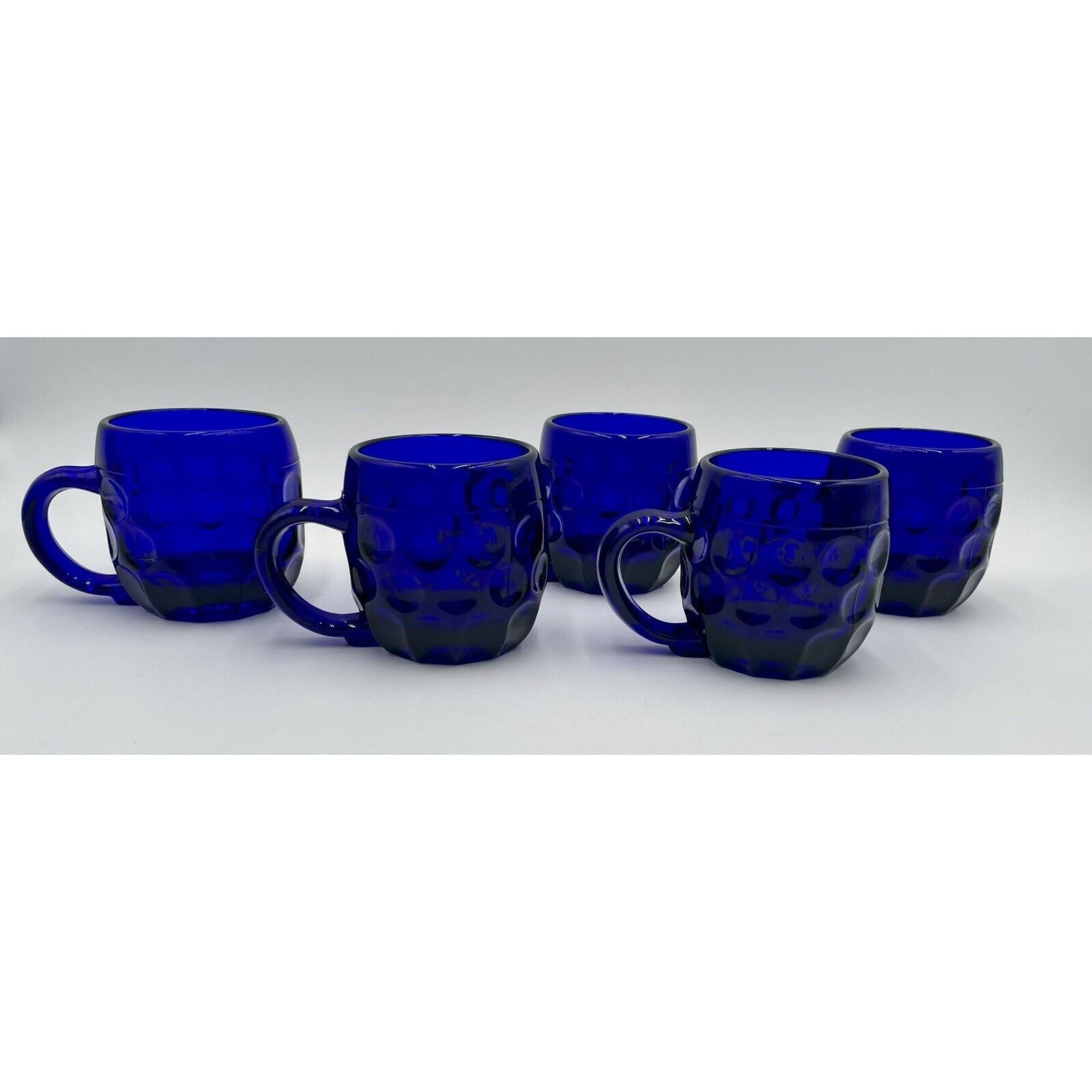 Vintage Lot of 5 New Martinsville #24 Beer Mug - Cobalt Blue Thumbprint Mug (D6) - Vintosh Vintage