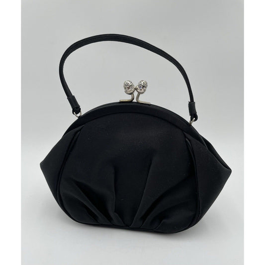 Preston & York Black Satin Evening Handbag with Rhinestone Closure (A5) - Vintosh Vintage