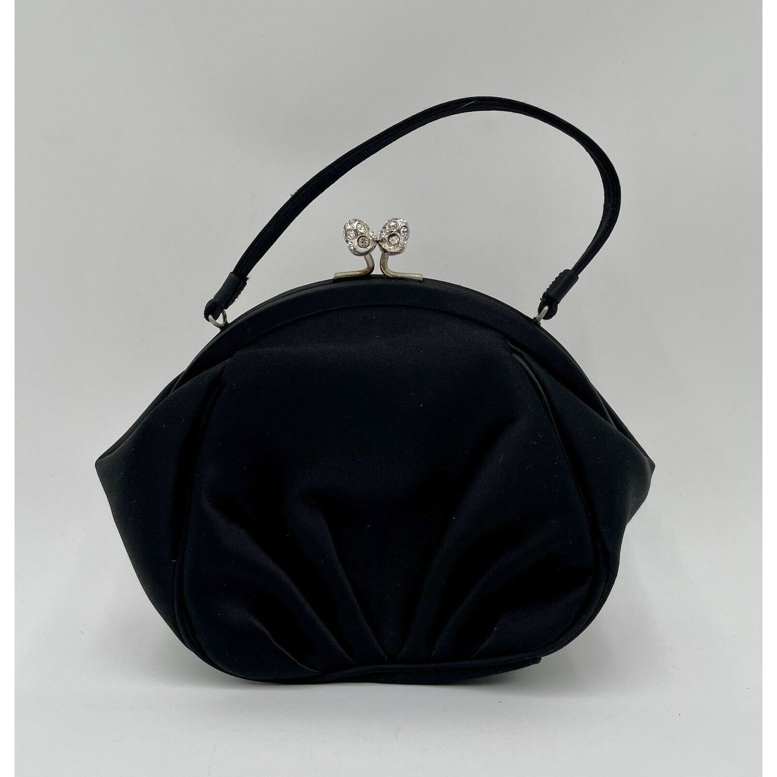 Preston & York Black Satin Evening Handbag with Rhinestone Closure (A5) - Vintosh Vintage