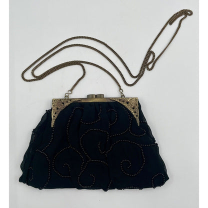1950s Sheer Black Fabric Beaded Handbag with Gold Tone Clasp & Chain Strap (A5) - Vintosh Vintage