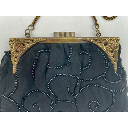1950s Sheer Black Fabric Beaded Handbag with Gold Tone Clasp & Chain Strap (A5) - Vintosh Vintage