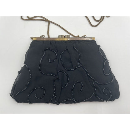 1950s Sheer Black Fabric Beaded Handbag with Gold Tone Clasp & Chain Strap (A5) - Vintosh Vintage