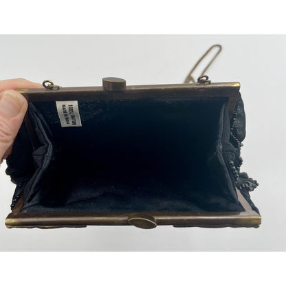 1950s Sheer Black Fabric Beaded Handbag with Gold Tone Clasp & Chain Strap (A5) - Vintosh Vintage