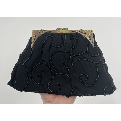 1950s Sheer Black Fabric Beaded Handbag with Gold Tone Clasp & Chain Strap (A5) - Vintosh Vintage