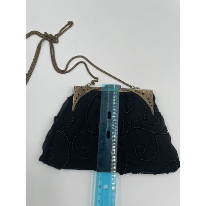 1950s Sheer Black Fabric Beaded Handbag with Gold Tone Clasp & Chain Strap (A5) - Vintosh Vintage
