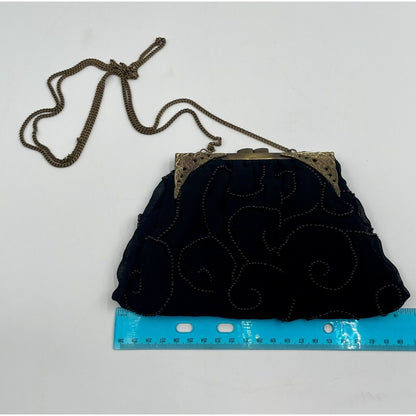 1950s Sheer Black Fabric Beaded Handbag with Gold Tone Clasp & Chain Strap (A5) - Vintosh Vintage