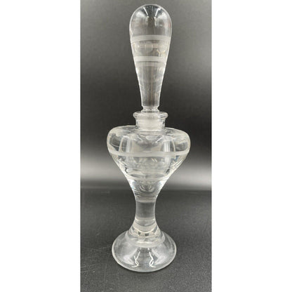 Vintage Clear Etched Glass w/ Frosted Dots Stripes Flowers Perfume Bottle (C6) - Vintosh Vintage