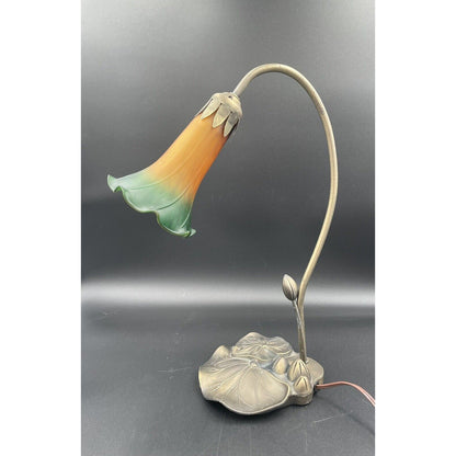 Amber & Green Glass Flower Shade Goose Neck Lily Pad Base Lamp (D1) - Vintosh Vintage