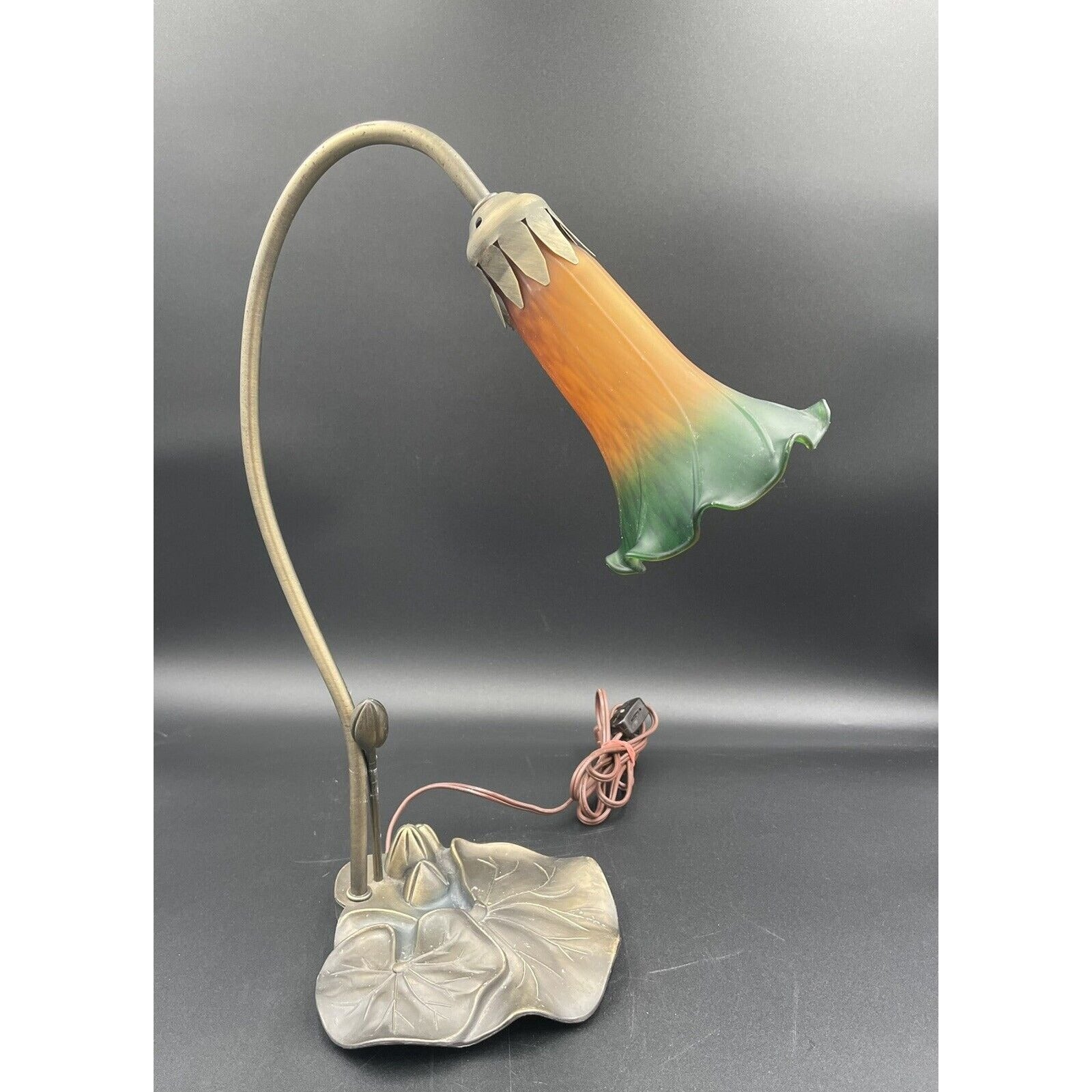Amber & Green Glass Flower Shade Goose Neck Lily Pad Base Lamp (D1) - Vintosh Vintage
