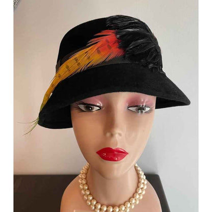 Black Velvet Hat w/ Feather - Size Medium