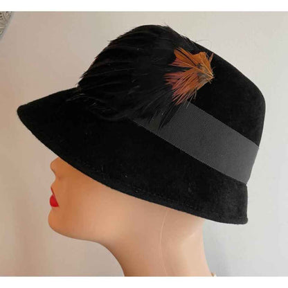Black Velvet Hat w/ Feather - Size Medium
