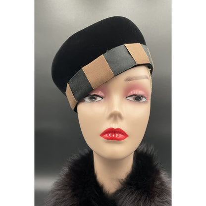 1950s Pill Box Black Velour Hat Brown & Black Checker Ribbon Trim-Linda Farrell - Vintosh Vintage