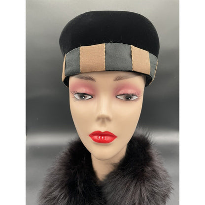1950s Pill Box Black Velour Hat Brown & Black Checker Ribbon Trim-Linda Farrell - Vintosh Vintage