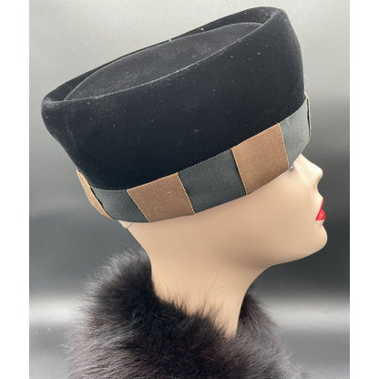 1950s Pill Box Black Velour Hat Brown & Black Checker Ribbon Trim-Linda Farrell - Vintosh Vintage