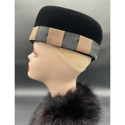 1950s Pill Box Black Velour Hat Brown & Black Checker Ribbon Trim-Linda Farrell - Vintosh Vintage