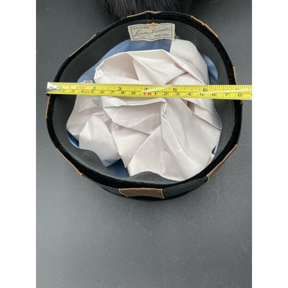 1950s Pill Box Black Velour Hat Brown & Black Checker Ribbon Trim-Linda Farrell - Vintosh Vintage