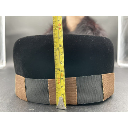 1950s Pill Box Black Velour Hat Brown & Black Checker Ribbon Trim-Linda Farrell - Vintosh Vintage
