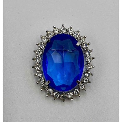 Vintage Oval Silver Tone Faceted Blue Glass Brooch w/ Loop for Pendant (A1)