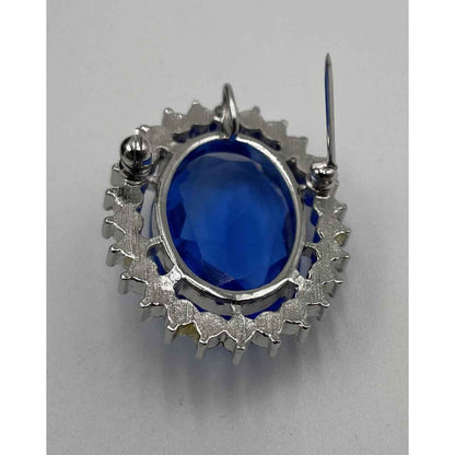 Vintage Oval Silver Tone Faceted Blue Glass Brooch w/ Loop for Pendant (A1)