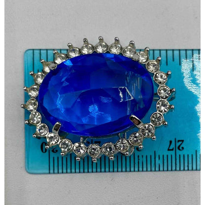 Vintage Oval Silver Tone Faceted Blue Glass Brooch w/ Loop for Pendant (A1)