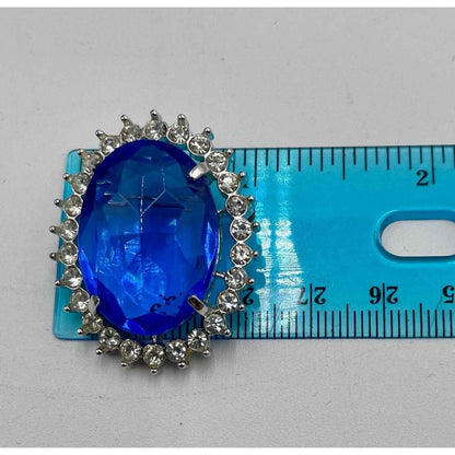 Vintage Oval Silver Tone Faceted Blue Glass Brooch w/ Loop for Pendant (A1)