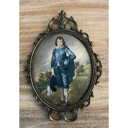 Blue Boy Gainsborough Baroque  Ornate Oval Brass Frame 17"x12" ConvexGlass Italy - Vintosh Vintage