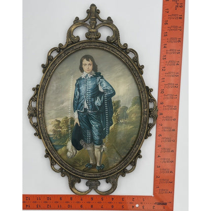 Blue Boy Gainsborough Baroque  Ornate Oval Brass Frame 17"x12" ConvexGlass Italy - Vintosh Vintage