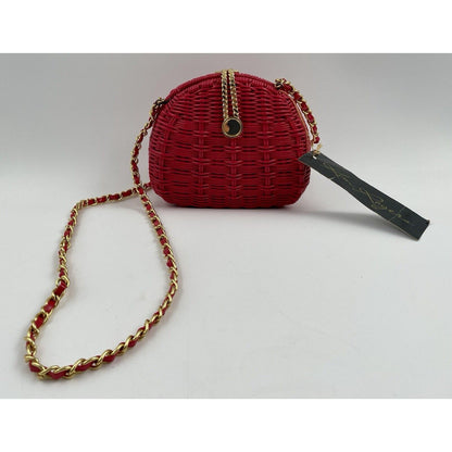 Plastic Hot Pink Wicker Crossbody & Clutch Handbag with Gold Tone Chain Strap - Vintosh Vintage