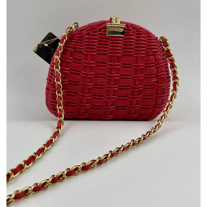 Plastic Hot Pink Wicker Crossbody & Clutch Handbag with Gold Tone Chain Strap - Vintosh Vintage