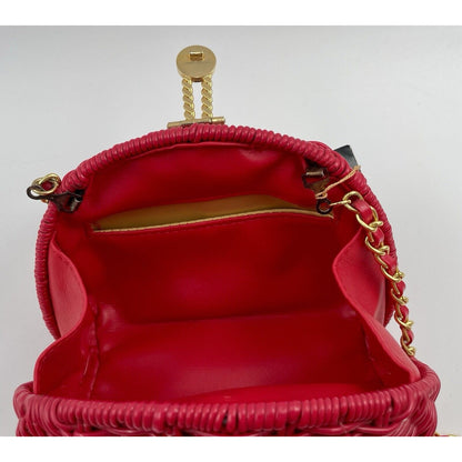 Plastic Hot Pink Wicker Crossbody & Clutch Handbag with Gold Tone Chain Strap - Vintosh Vintage