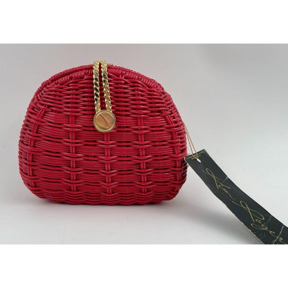 Plastic Hot Pink Wicker Crossbody & Clutch Handbag with Gold Tone Chain Strap - Vintosh Vintage