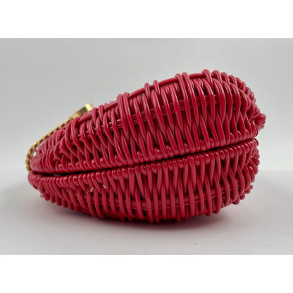 Plastic Hot Pink Wicker Crossbody & Clutch Handbag with Gold Tone Chain Strap - Vintosh Vintage