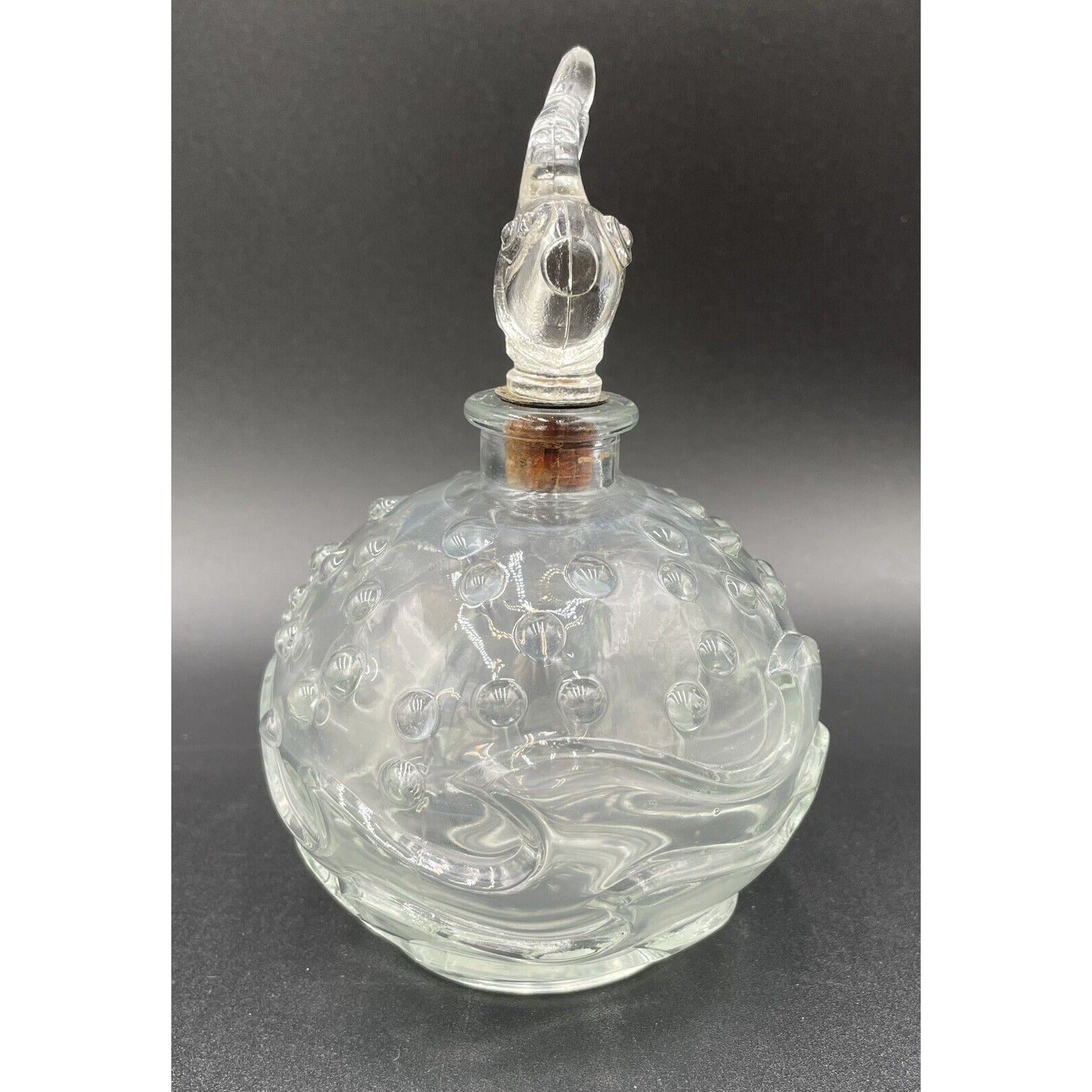 1940s Alfred A Flaster 6" Textured Glass Perfume Bottle w/ Fish Stopper (B4) - Vintosh Vintage