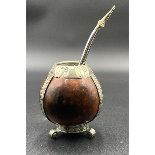 Vintage Yerba Mate Tea Footed Gourd Cup with Silver Trim & Bombilla Straw (C-BM) - Vintosh Vintage