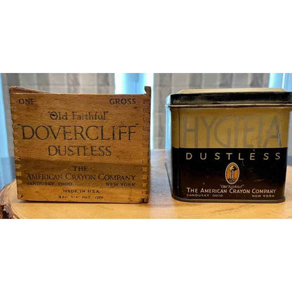Vintage Old Faithful Dovercliff, Dovetailed Wood Chalk Box & HYGIEIA Dustless Chalk Tin (D5)