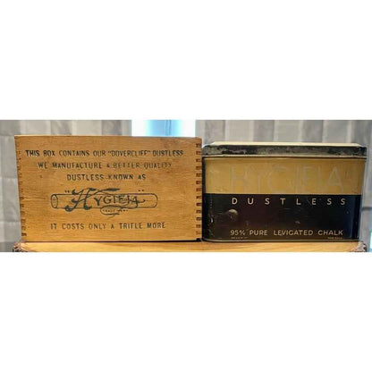 Vintage Old Faithful Dovercliff, Dovetailed Wood Chalk Box & HYGIEIA Dustless Chalk Tin (D5)