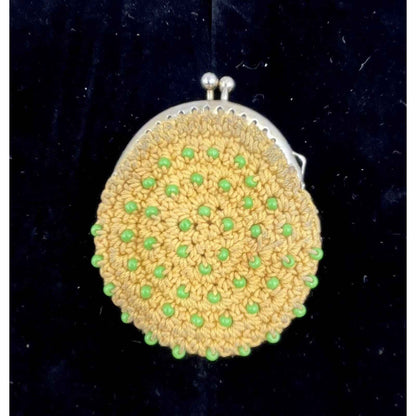 1960s Crochet Yellow Coin Purse with Green Seed Beads - Japan (A1)